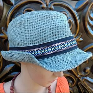 EUC PETER GRIMM 100% Paper Gray Fedora Hat Multicolored Band Rabbit Medal L/XL